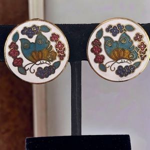 Vintage Cloisonné Butterfly Gold Tone Clip On Earrings